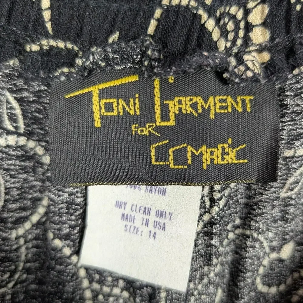 Vintage Pants Womens 14 Black Floral Print Pleated Made USA Toni Garment Boho